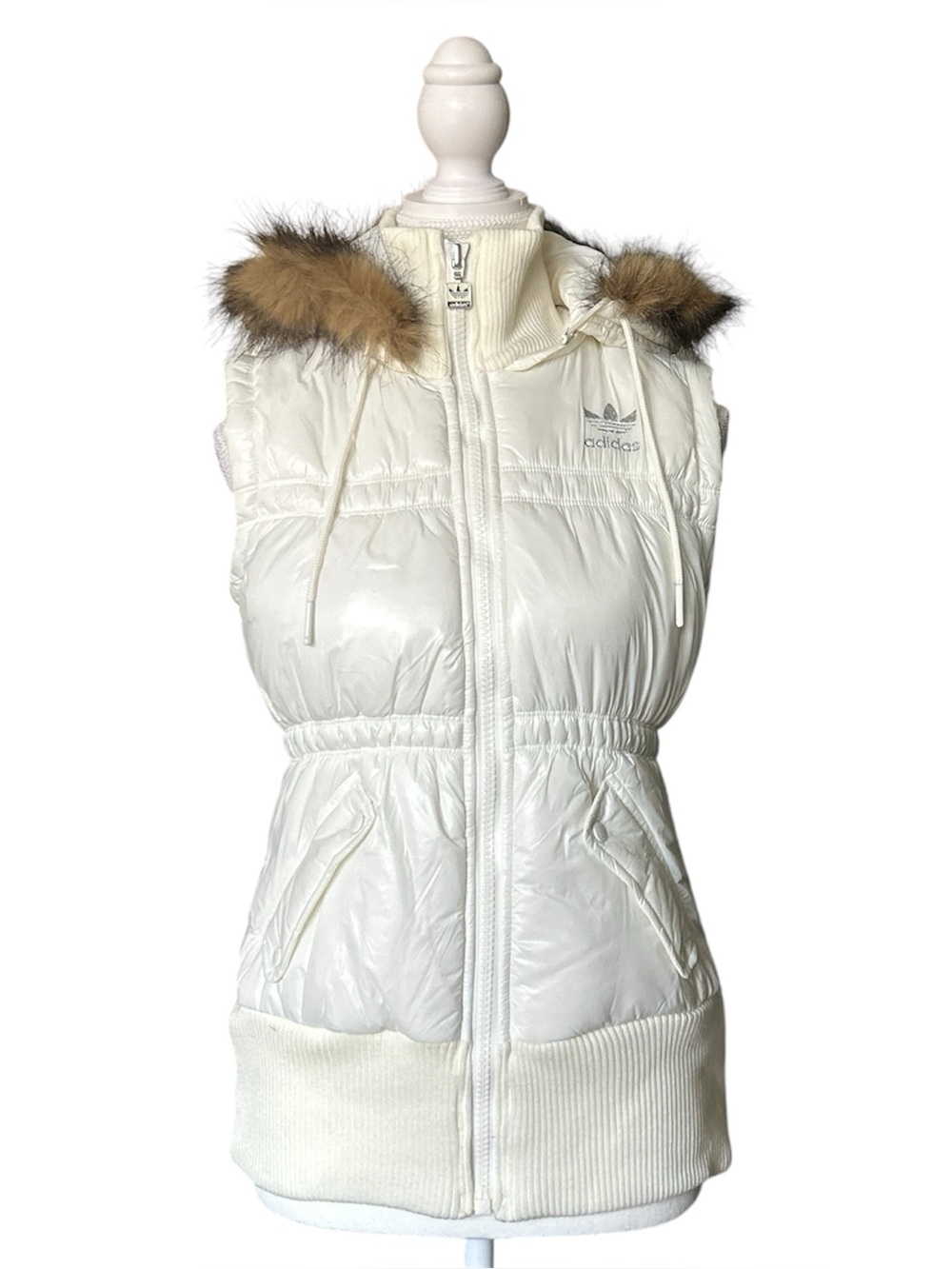 Y2K “Adidas” Off White Puffer Faux Fur Trim Zip-up Vest